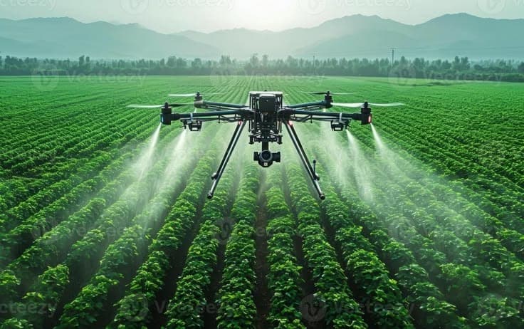 Agricultural drone spraying a green crop field
